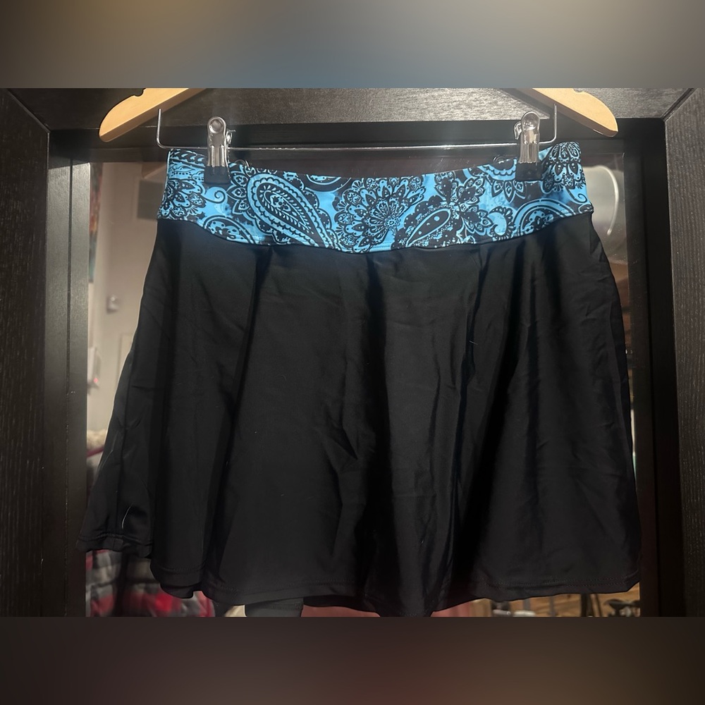 Stylish Black Skater Skirt with Blue Paisley Accent